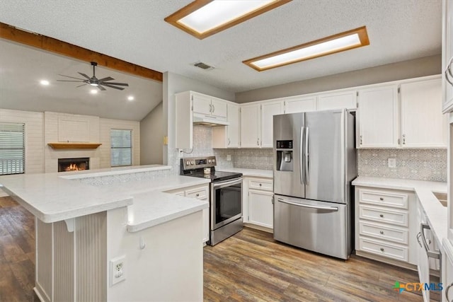 kitchen featuring a peninsula, dark wood finished floors, a ceiling fan, and appliances with stainless steel finishes