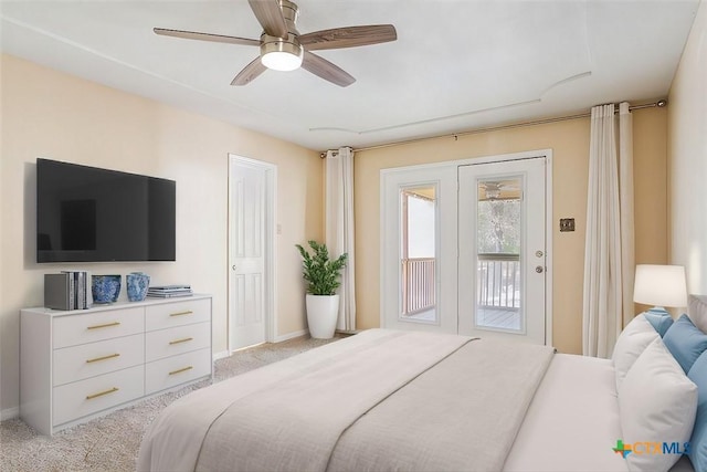 bedroom featuring light carpet, baseboards, access to exterior, and ceiling fan