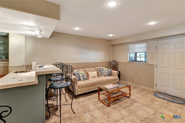 living room with wooden walls and sink