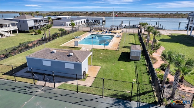 aerial view featuring a water view