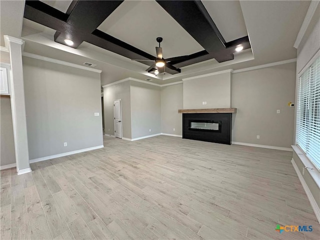 unfurnished living room with coffered ceiling, ceiling fan, ornamental molding, and light hardwood / wood-style floors