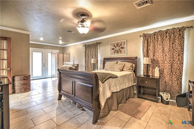 3618 Bobcat Trl, Temple, TX 76502 - bedroom with french doors, access to exterior, crown molding, a textured ceiling, and ceiling fan