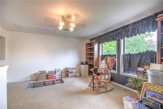3618 Bobcat Trl, Temple, TX 76502 - recreation room featuring attic access, carpet flooring, a ceiling fan, and baseboards
