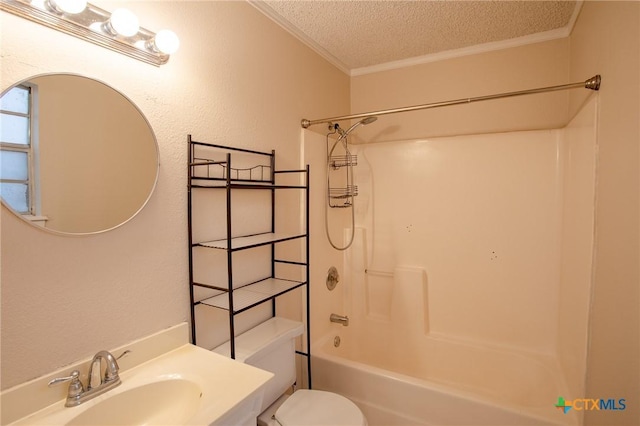 full bath with toilet, ornamental molding, a textured ceiling, bathing tub / shower combination, and vanity