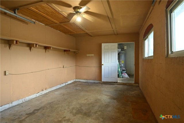 interior space with water heater and ceiling fan