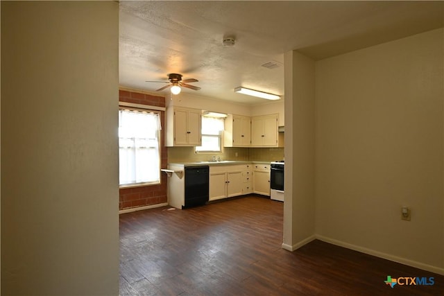 kitchen with light countertops, range with gas cooktop, a sink, ceiling fan, and black dishwasher