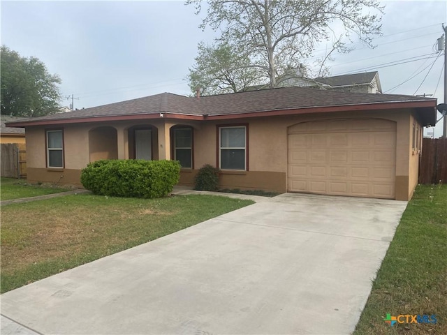 ranch-style house with a garage, a front yard, stucco siding, and fence