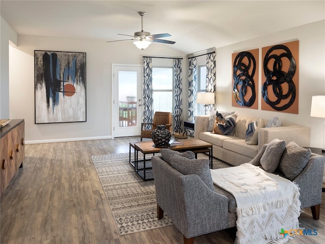 3076 Pike Dr, New Braunfels, TX 78130 - living area with a ceiling fan, lofted ceiling, wood finished floors, and baseboards