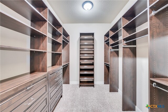 walk in closet featuring light colored carpet