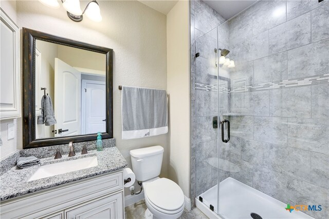 bathroom featuring toilet, vanity, and an enclosed shower