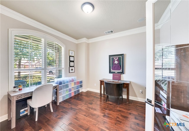 home office featuring ornamental molding, dark hardwood / wood-style flooring, and a textured ceiling