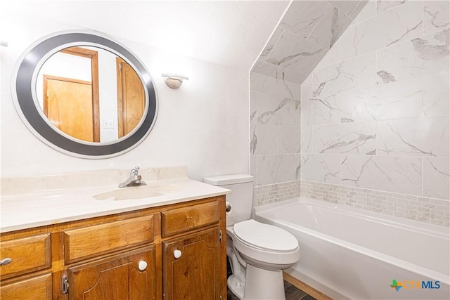 679 Royal Rd, Port Lavaca, TX 77979 - bathroom featuring toilet, vanity, shower / bathtub combination, and vaulted ceiling