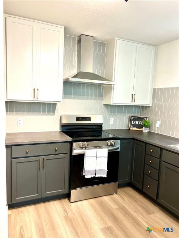 107 S 23rd St, Temple, TX 76504 - kitchen with stainless steel electric range oven, wall chimney exhaust hood, white cabinetry, and gray cabinets