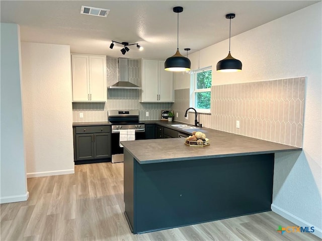 107 S 23rd St, Temple, TX 76504 - kitchen featuring electric range, wall chimney range hood, decorative backsplash, light wood finished floors, and a sink