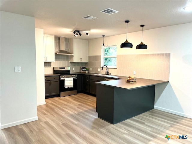 107 S 23rd St, Temple, TX 76504 - kitchen featuring stainless steel electric range oven, wall chimney range hood, a sink, backsplash, and a peninsula