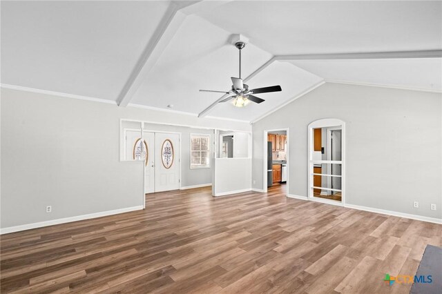 116 Guinevere St, Victoria, TX 77904 - unfurnished living room with lofted ceiling, hardwood / wood-style floors, and ceiling fan