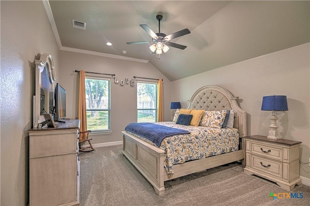 6129 Messina Dr, Temple, TX 76502 - bedroom with light colored carpet, crown molding, a ceiling fan, and vaulted ceiling