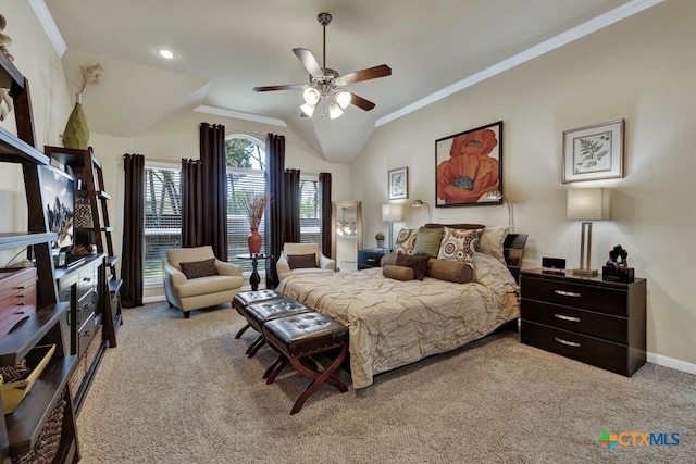 bedroom with light colored carpet, baseboards, ornamental molding, and lofted ceiling