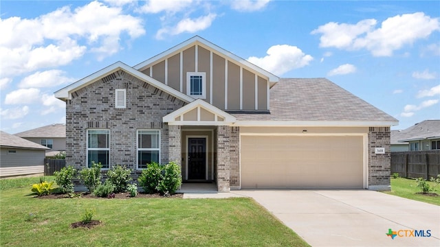 3608 Space Cloud Dr, New Braunfels, TX 78130 - english style home with brick siding, concrete driveway, an attached garage, and board and batten siding