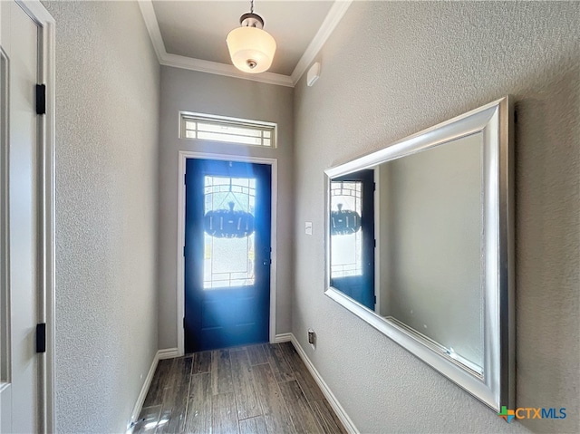 foyer with ornamental molding and dark hardwood / wood-style floors