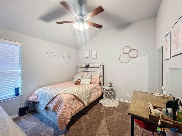 bedroom featuring carpet flooring, ceiling fan, and vaulted ceiling