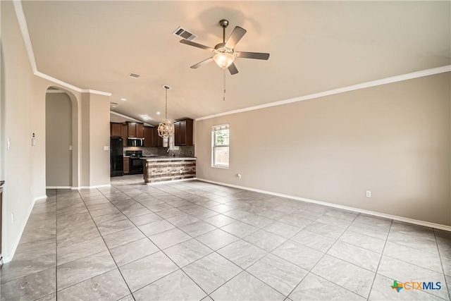 19308 Nicole Ln, Pflugerville, TX 78660 - unfurnished living room featuring ornamental molding, lofted ceiling, ceiling fan, arched walkways, and baseboards