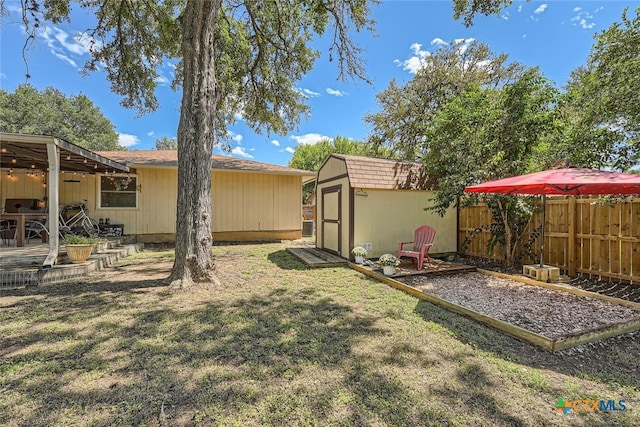 view of yard with a shed and a patio