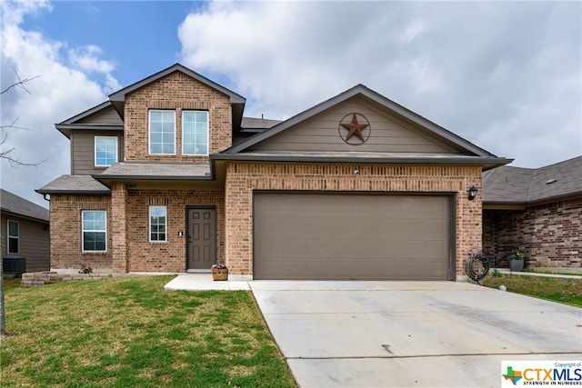 view of front of house featuring a garage, central AC, and a front yard