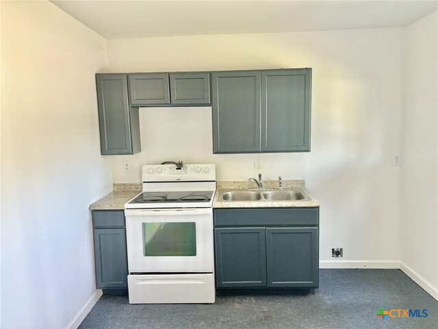 kitchen with sink, white electric range, and dark colored carpet