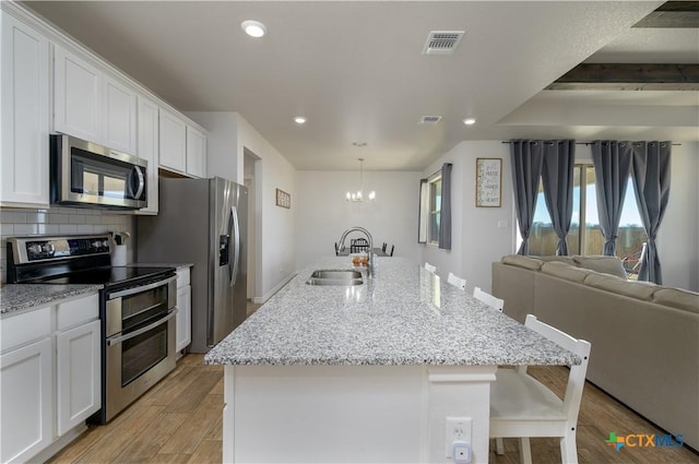 kitchen with a center island with sink, a breakfast bar area, appliances with stainless steel finishes, white cabinets, and a sink