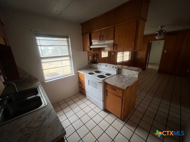 kitchen with ceiling fan, a healthy amount of sunlight, electric stove, and sink