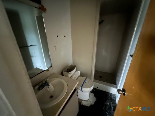 bathroom featuring toilet, vanity, and walk in shower