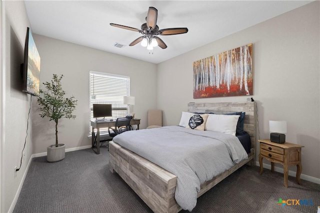 carpeted bedroom with ceiling fan, visible vents, and baseboards