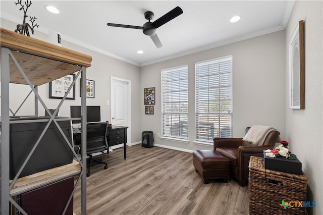 office featuring ornamental molding, recessed lighting, baseboards, and wood finished floors