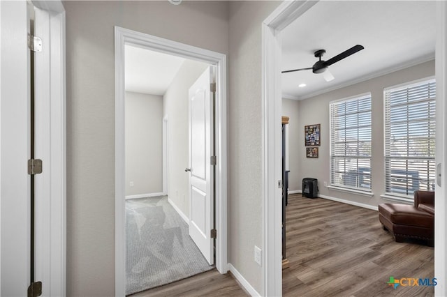 hall featuring ornamental molding, baseboards, and wood finished floors