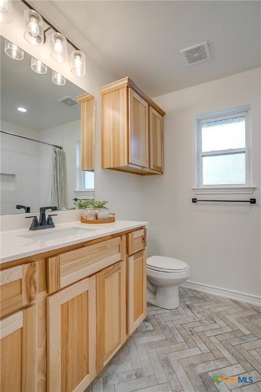 bathroom with vanity, toilet, and curtained shower