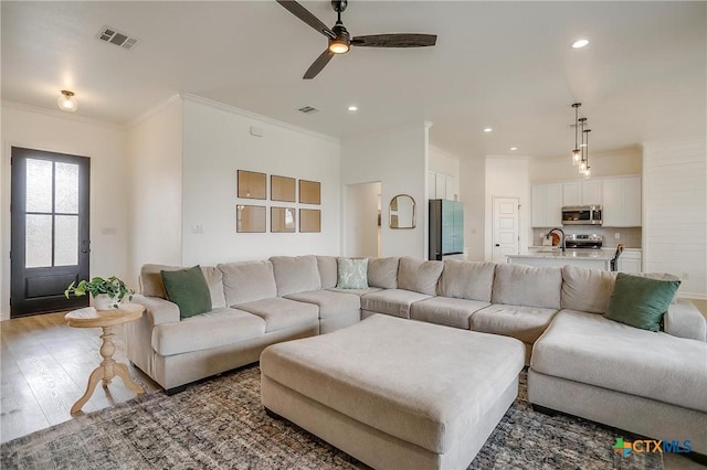 living room featuring ceiling fan, sink, wood-type flooring, and ornamental molding