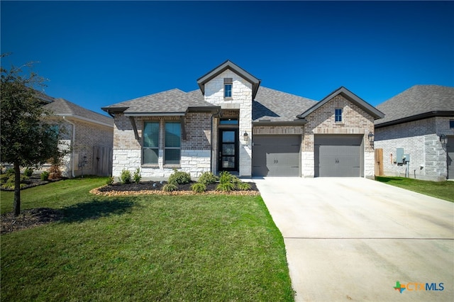 french country style house featuring stone siding, concrete driveway, a front yard, a shingled roof, and a garage