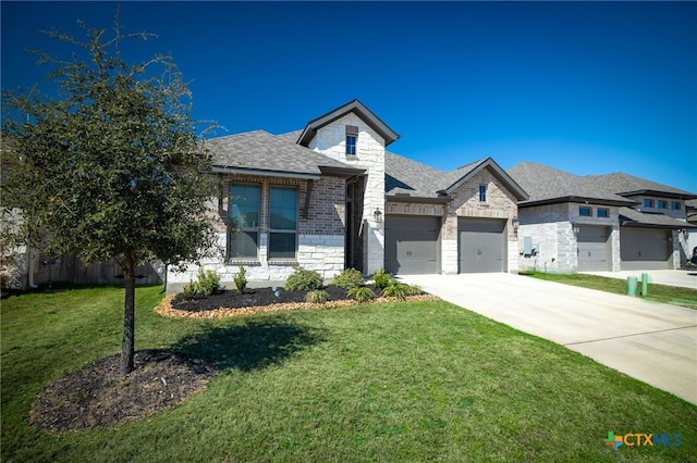 view of front of property with brick siding, a front lawn, concrete driveway, roof with shingles, and a garage