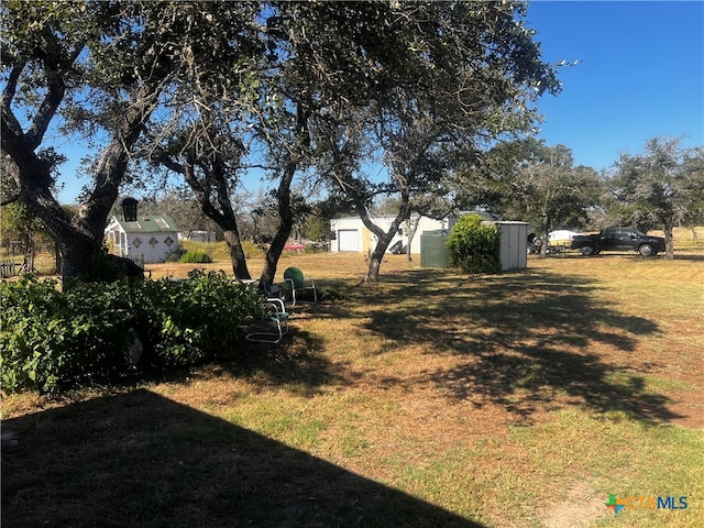 view of yard featuring a storage unit