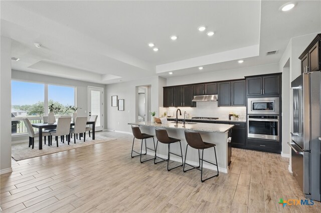 117 Ace Ln Unit 101, San Marcos, TX 78666 - kitchen with stainless steel appliances, a raised ceiling, under cabinet range hood, tasteful backsplash, and a kitchen breakfast bar