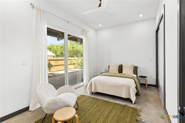105 Schroeder St, Lockhart, TX 78644 - bedroom featuring a ceiling fan, concrete flooring, baseboards, access to outside, and recessed lighting