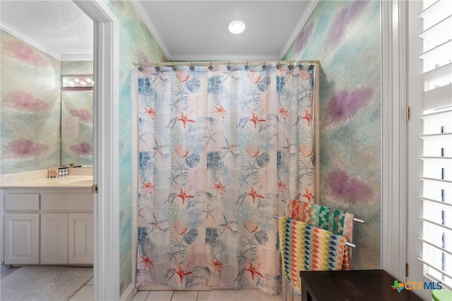 bathroom with curtained shower, crown molding, tile patterned flooring, and vanity