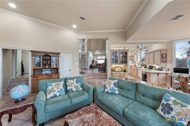 tiled living room featuring ornamental molding