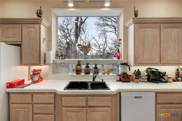 kitchen with white dishwasher, sink, and tile countertops