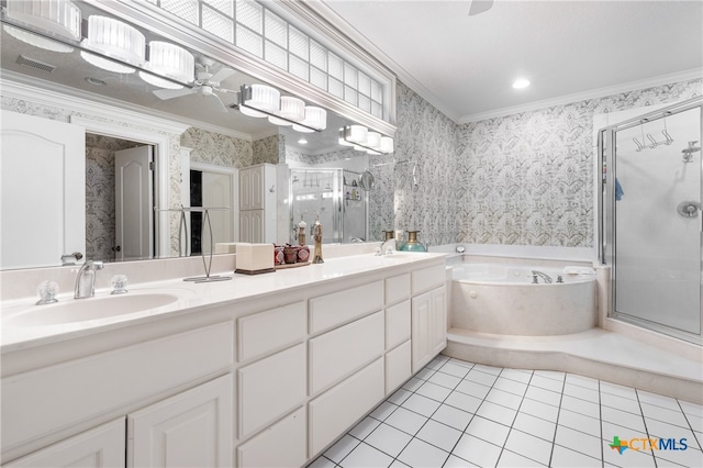 bathroom featuring shower with separate bathtub, vanity, tile patterned floors, and crown molding