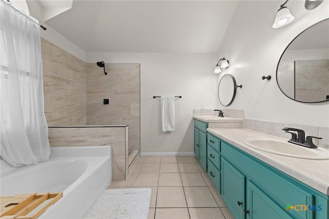 bathroom featuring tile patterned flooring, vanity, and plus walk in shower