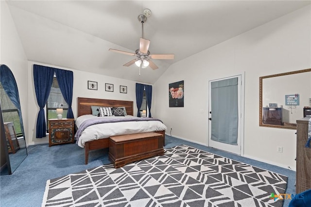 bedroom featuring vaulted ceiling, carpet, and ceiling fan