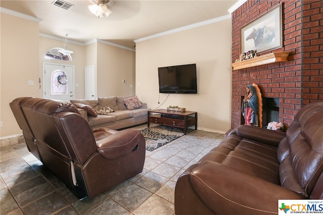 living room with a fireplace, tile patterned flooring, ceiling fan, and crown molding