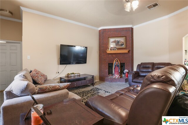 1074 Fm 3219, Harker Heights, TX 76548 - tiled living area with crown molding, a ceiling fan, and a fireplace